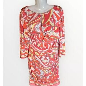 Donna Morgan Coral Dress 14 Floral Paisley 3/4 Sleeve  Boho Groovy  Dopamine